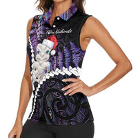 New Zealand Personalised Women Sleeveless Polo Shirt Meri Kirihimete Kowhaiwhai Mix Paua Shell - Amethys LT7 - Polynesian Pride