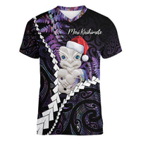 New Zealand Personalised Women V-Neck T-Shirt Meri Kirihimete Kowhaiwhai Mix Paua Shell - Amethys LT7 Female Purple - Polynesian Pride