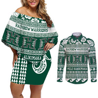 Hawaii Rainbow Warriors Christmas Couples Matching Off Shoulder Short Dress and Long Sleeve Button Shirt Kakau Motifs LT7 Green - Polynesian Pride