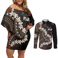 Bula Fiji Women's Day Couples Matching Off Shoulder Short Dress and Long Sleeve Button Shirt Classic Masi Tapa LT7 Brown - Polynesian Pride