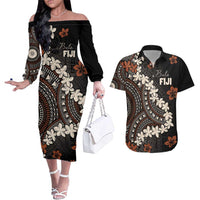 Bula Fiji Women's Day Couples Matching Off The Shoulder Long Sleeve Dress and Hawaiian Shirt Classic Masi Tapa LT7 Brown - Polynesian Pride