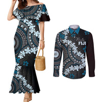 Bula Fiji Women's Day Couples Matching Mermaid Dress and Long Sleeve Button Shirt Indigo Masi Tapa LT7 Indigo - Polynesian Pride
