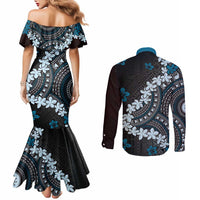 Bula Fiji Women's Day Couples Matching Mermaid Dress and Long Sleeve Button Shirt Indigo Masi Tapa LT7 - Polynesian Pride