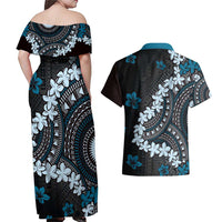 Bula Fiji Women's Day Couples Matching Off Shoulder Maxi Dress and Hawaiian Shirt Indigo Masi Tapa LT7 - Polynesian Pride