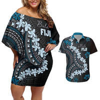 Bula Fiji Women's Day Couples Matching Off Shoulder Short Dress and Hawaiian Shirt Indigo Masi Tapa LT7 Indigo - Polynesian Pride