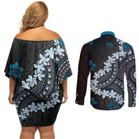 Bula Fiji Women's Day Couples Matching Off Shoulder Short Dress and Long Sleeve Button Shirt Indigo Masi Tapa LT7 - Polynesian Pride