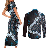 Bula Fiji Women's Day Couples Matching Short Sleeve Bodycon Dress and Long Sleeve Button Shirt Indigo Masi Tapa LT7 - Polynesian Pride