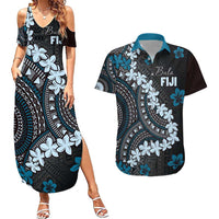 Bula Fiji Women's Day Couples Matching Summer Maxi Dress and Hawaiian Shirt Indigo Masi Tapa LT7 Indigo - Polynesian Pride
