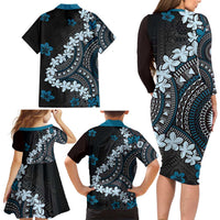 Bula Fiji Women's Day Family Matching Long Sleeve Bodycon Dress and Hawaiian Shirt Indigo Masi Tapa LT7 - Polynesian Pride