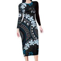 Bula Fiji Women's Day Family Matching Long Sleeve Bodycon Dress and Hawaiian Shirt Indigo Masi Tapa LT7 Mom's Dress Indigo - Polynesian Pride