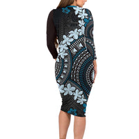 Bula Fiji Women's Day Family Matching Long Sleeve Bodycon Dress and Hawaiian Shirt Indigo Masi Tapa LT7 - Polynesian Pride
