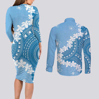 Bula Fiji Women's Day Couples Matching Long Sleeve Bodycon Dress and Long Sleeve Button Shirt Turquoise Masi Tapa LT7 - Polynesian Pride