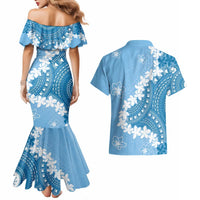 Bula Fiji Women's Day Couples Matching Mermaid Dress and Hawaiian Shirt Turquoise Masi Tapa LT7 - Polynesian Pride