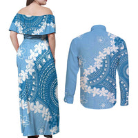 Bula Fiji Women's Day Couples Matching Off Shoulder Maxi Dress and Long Sleeve Button Shirt Turquoise Masi Tapa LT7 - Polynesian Pride