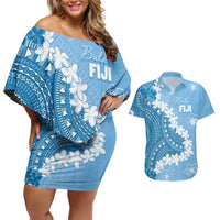 Bula Fiji Women's Day Couples Matching Off Shoulder Short Dress and Hawaiian Shirt Turquoise Masi Tapa LT7 Turquoise - Polynesian Pride