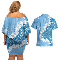 Bula Fiji Women's Day Couples Matching Off Shoulder Short Dress and Hawaiian Shirt Turquoise Masi Tapa LT7 - Polynesian Pride