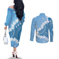 Bula Fiji Women's Day Couples Matching Off The Shoulder Long Sleeve Dress and Long Sleeve Button Shirt Turquoise Masi Tapa LT7 - Polynesian Pride