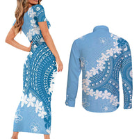 Bula Fiji Women's Day Couples Matching Short Sleeve Bodycon Dress and Long Sleeve Button Shirt Turquoise Masi Tapa LT7 - Polynesian Pride