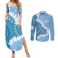 Bula Fiji Women's Day Couples Matching Summer Maxi Dress and Long Sleeve Button Shirt Turquoise Masi Tapa LT7 Turquoise - Polynesian Pride