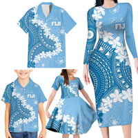 Bula Fiji Women's Day Family Matching Long Sleeve Bodycon Dress and Hawaiian Shirt Turquoise Masi Tapa LT7 - Polynesian Pride