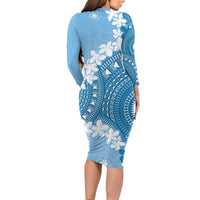 Bula Fiji Women's Day Family Matching Long Sleeve Bodycon Dress and Hawaiian Shirt Turquoise Masi Tapa LT7 - Polynesian Pride