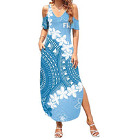 Bula Fiji Women's Day Family Matching Summer Maxi Dress and Hawaiian Shirt Turquoise Masi Tapa LT7 Mom's Dress Turquoise - Polynesian Pride