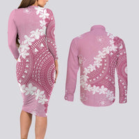 Bula Fiji Women's Day Couples Matching Long Sleeve Bodycon Dress and Long Sleeve Button Shirt Pink Masi Tapa LT7 - Polynesian Pride