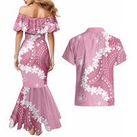 Bula Fiji Women's Day Couples Matching Mermaid Dress and Hawaiian Shirt Pink Masi Tapa LT7 - Polynesian Pride