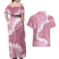Bula Fiji Women's Day Couples Matching Off Shoulder Maxi Dress and Hawaiian Shirt Pink Masi Tapa LT7 - Polynesian Pride