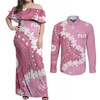 Bula Fiji Women's Day Couples Matching Off Shoulder Maxi Dress and Long Sleeve Button Shirt Pink Masi Tapa LT7 Pink - Polynesian Pride
