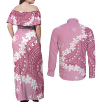 Bula Fiji Women's Day Couples Matching Off Shoulder Maxi Dress and Long Sleeve Button Shirt Pink Masi Tapa LT7 - Polynesian Pride
