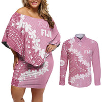 Bula Fiji Women's Day Couples Matching Off Shoulder Short Dress and Long Sleeve Button Shirt Pink Masi Tapa LT7 Pink - Polynesian Pride