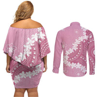 Bula Fiji Women's Day Couples Matching Off Shoulder Short Dress and Long Sleeve Button Shirt Pink Masi Tapa LT7 - Polynesian Pride