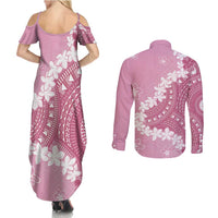 Bula Fiji Women's Day Couples Matching Summer Maxi Dress and Long Sleeve Button Shirt Pink Masi Tapa LT7 - Polynesian Pride