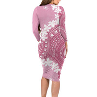 Bula Fiji Women's Day Family Matching Long Sleeve Bodycon Dress and Hawaiian Shirt Pink Masi Tapa LT7 - Polynesian Pride