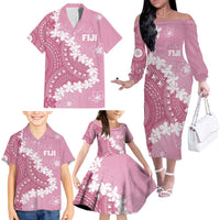 Bula Fiji Women's Day Family Matching Off The Shoulder Long Sleeve Dress and Hawaiian Shirt Pink Masi Tapa LT7 - Polynesian Pride