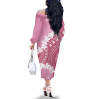 Bula Fiji Women's Day Family Matching Off The Shoulder Long Sleeve Dress and Hawaiian Shirt Pink Masi Tapa LT7 - Polynesian Pride