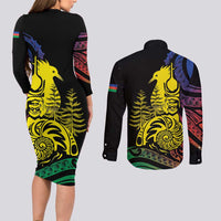 New Caledonia Kanaky Couples Matching Long Sleeve Bodycon Dress and Long Sleeve Button Shirt Stylized Fleche Faitiere With Kagu Bird LT7 - Polynesian Pride