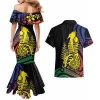 New Caledonia Kanaky Couples Matching Mermaid Dress and Hawaiian Shirt Stylized Fleche Faitiere With Kagu Bird LT7 - Polynesian Pride