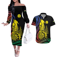 New Caledonia Kanaky Couples Matching Off The Shoulder Long Sleeve Dress and Hawaiian Shirt Stylized Fleche Faitiere With Kagu Bird LT7 Black - Polynesian Pride