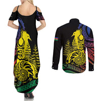 New Caledonia Kanaky Couples Matching Summer Maxi Dress and Long Sleeve Button Shirt Stylized Fleche Faitiere With Kagu Bird LT7 - Polynesian Pride