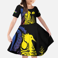 New Caledonia Kanaky Family Matching Off Shoulder Maxi Dress and Hawaiian Shirt Stylized Fleche Faitiere With Kagu Bird LT7 Daughter's Dress Black - Polynesian Pride