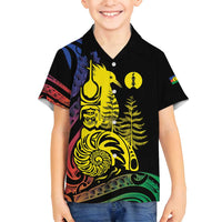 New Caledonia Kanaky Family Matching Off Shoulder Short Dress and Hawaiian Shirt Stylized Fleche Faitiere With Kagu Bird LT7 Son's Shirt Black - Polynesian Pride
