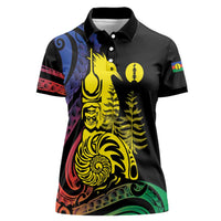 New Caledonia Kanaky Women Polo Shirt Stylized Fleche Faitiere With Kagu Bird LT7 Female Black - Polynesian Pride