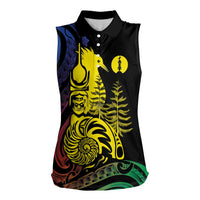 New Caledonia Kanaky Women Sleeveless Polo Shirt Stylized Fleche Faitiere With Kagu Bird LT7 Female Black - Polynesian Pride