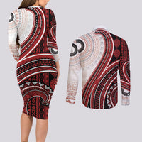 Bula Fiji Vintage Tapa Couples Matching Long Sleeve Bodycon Dress and Long Sleeve Button Shirt Kaivity Masi Wave Motifs - Red LT7 - Polynesian Pride