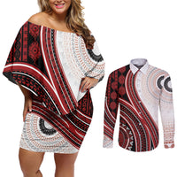 Bula Fiji Vintage Tapa Couples Matching Off Shoulder Short Dress and Long Sleeve Button Shirt Kaivity Masi Wave Motifs - Red LT7 Red - Polynesian Pride