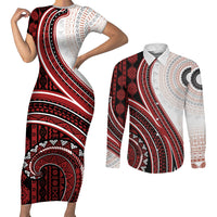 Bula Fiji Vintage Tapa Couples Matching Short Sleeve Bodycon Dress and Long Sleeve Button Shirt Kaivity Masi Wave Motifs - Red LT7 Red - Polynesian Pride