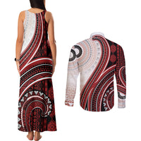 Bula Fiji Vintage Tapa Couples Matching Tank Maxi Dress and Long Sleeve Button Shirt Kaivity Masi Wave Motifs - Red LT7 - Polynesian Pride