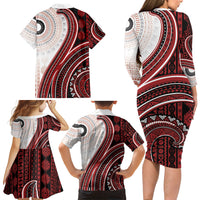 Bula Fiji Vintage Tapa Family Matching Long Sleeve Bodycon Dress and Hawaiian Shirt Kaivity Masi Wave Motifs - Red LT7 - Polynesian Pride